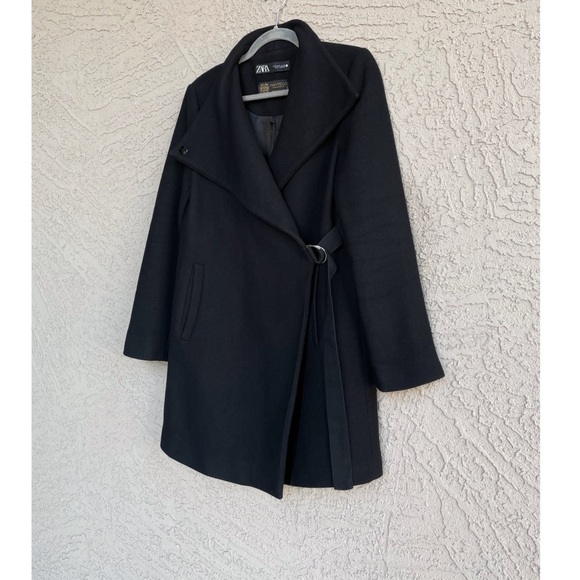 ZARA MANTECO Italian Luxury Wool Black Asymmetrical Belted Jacket Colins Coat M - Picture 1 of 16